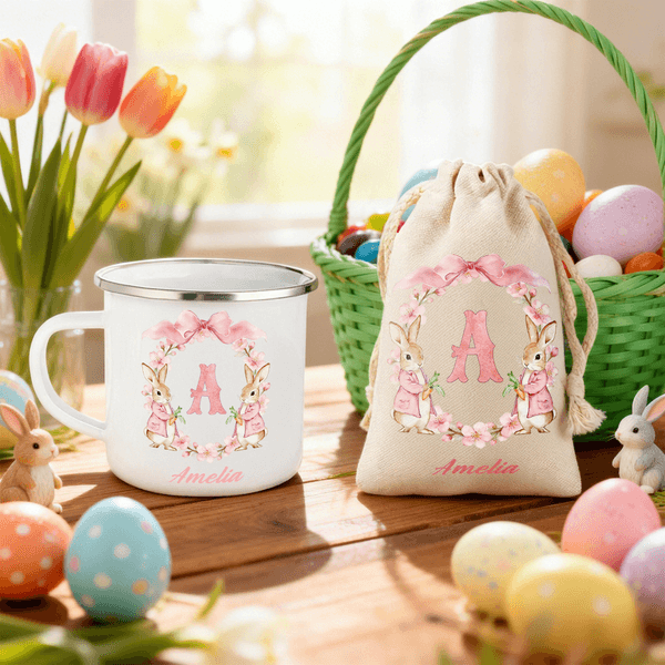 Personalized Wreath Initial Peter Rabbit 12 oz Enamel Mug Storage Bag Set with Name Easter Gift for Kids