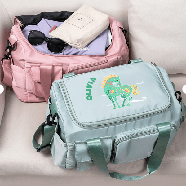 Personalised Multicolor Floral Horse Multi-Compartment Travel Bag with Name and Shoulder Strap Horse Training Gift for Horse Owners Riders