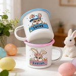 Personalized Bow Hat Easter Bunny 12 oz Coloured Rim Enamel Mug with Name Easter Party Birthday Gift for Kids Boys Girls
