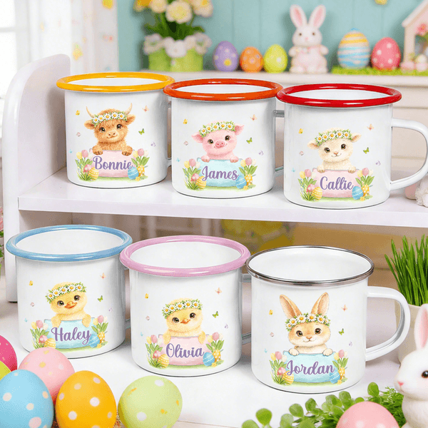 Personalized Wreath Bunny Highland Cow Animal 12 oz Enamel Mug with Name Daily Use Happy Easter Gift for Boys Girls