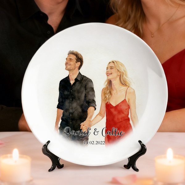 Personalisierte Aquarell Stil Foto Dekor Platte mit Text und Datum Home Decor Valentinstag Housewarming Geschenk für Paar Familie