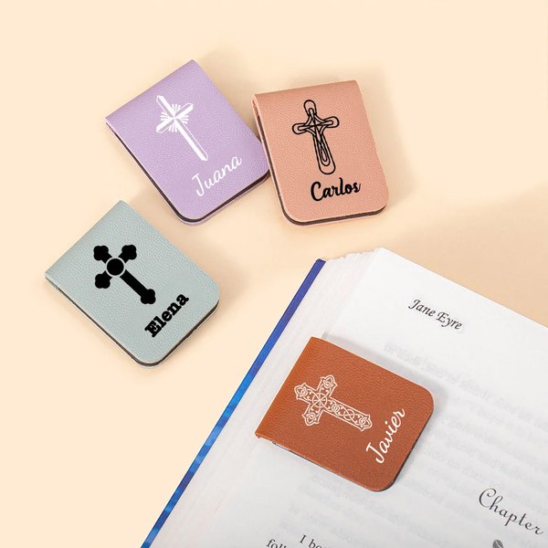 Marcapáginas magnético personalizado de cuero PU con cruz elegante y nombre regalo de cumpleaños y Navidad para amantes de la lectura