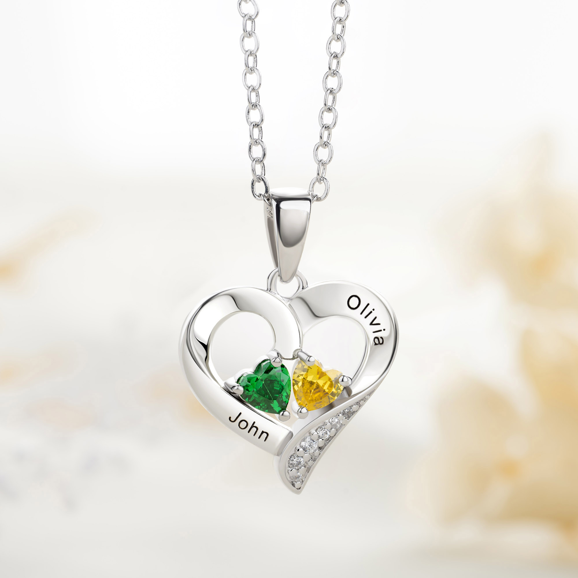 Collier de pierres de naissance à double coeur personnalisé avec nom Bijoux délicats Cadeau d'anniversaire de la Saint-Valentin pour les couples, les épouses et les petites amies