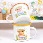 Personalized Wreath Bunny Highland Cow Animal 12 oz Enamel Mug with Name Daily Use Happy Easter Gift for Boys Girls