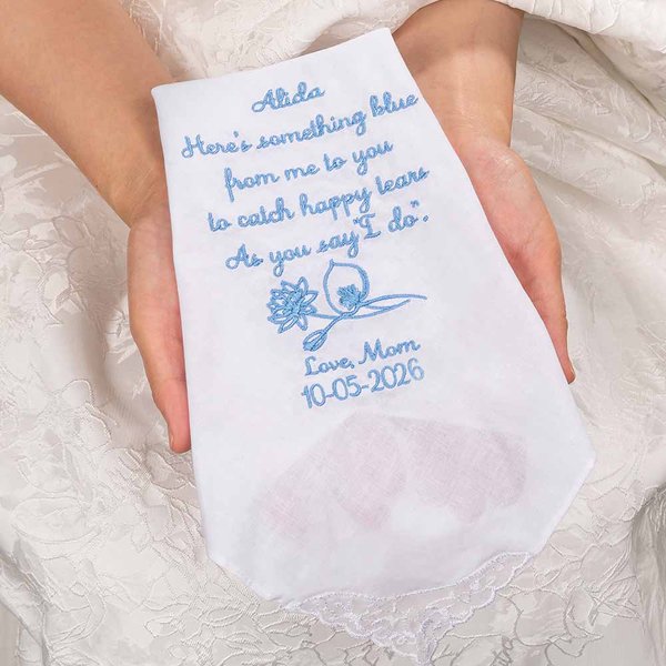 Personalized Embroidery Something Blue Birth Flower 100% Cotton Lace Wedding Handkerchief with Name and Date Wedding Gift for Bride