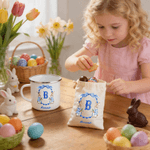 Personalized Wreath Initial Peter Rabbit 12 oz Enamel Mug Storage Bag Set with Name Easter Gift for Kids