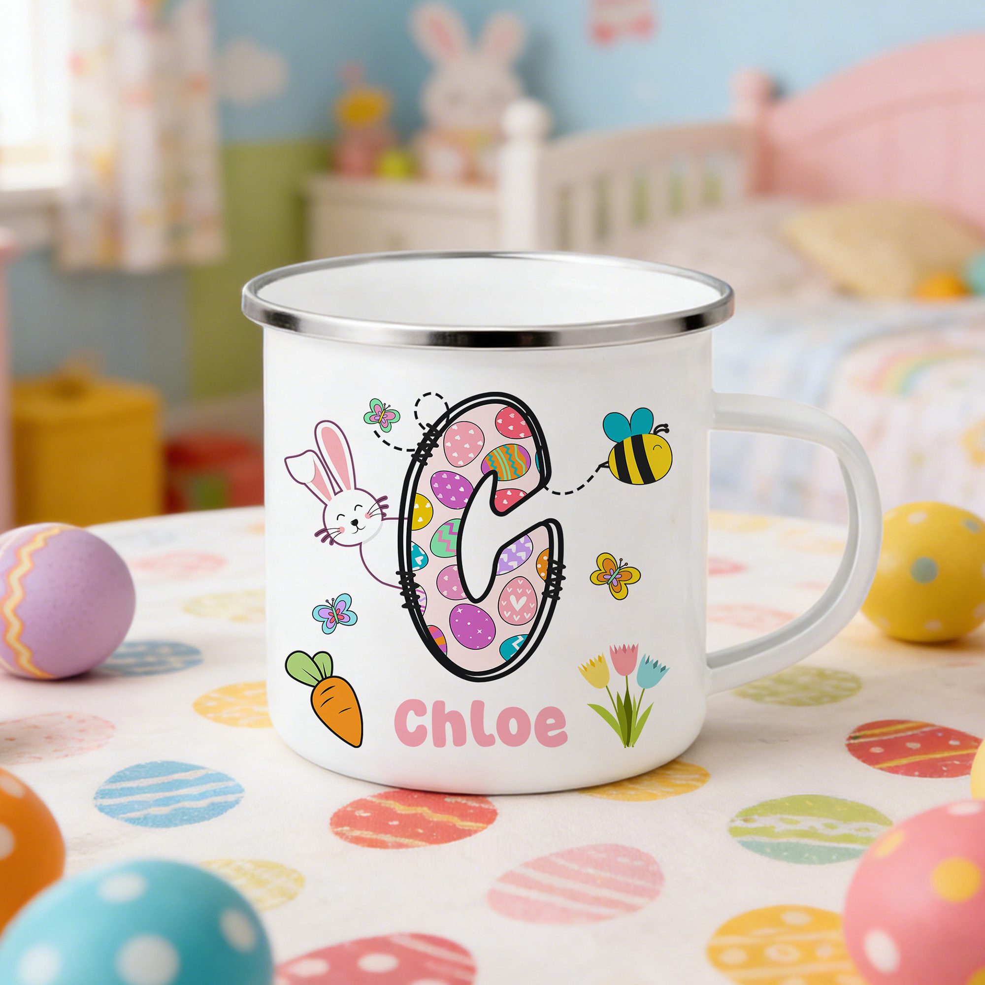 Mug en émail 12 oz avec nom Utilisation quotidienne Joyeuse Pâques Cadeau pour garçons filles
