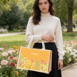 Personalised Watercolor Floral Large Capacity Jute Tote Bag with Name Daily Use Birthday Anniversary Gift for Women Family Friends