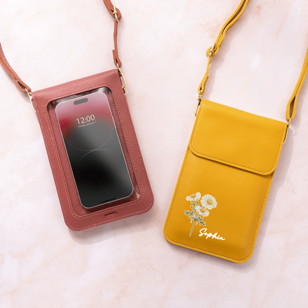 Gepersonaliseerde Geboortebloem Draagbare PU Leren Crossbody Tas met Naam en Touch Screen Venster Reizen Dagelijks Gebruik Verjaardagscadeau voor Vrouwen