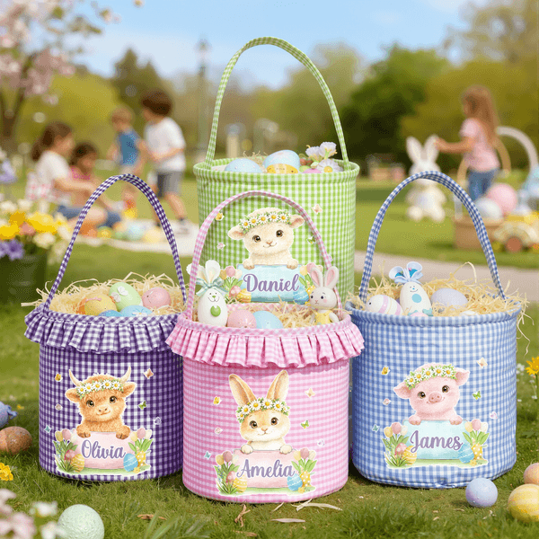 Henkilökohtainen söpö eläin ruudullinen pääsiäiskori nimi pääsiäismunat metsästys pääsiäispäivä lahja pojille tytöille