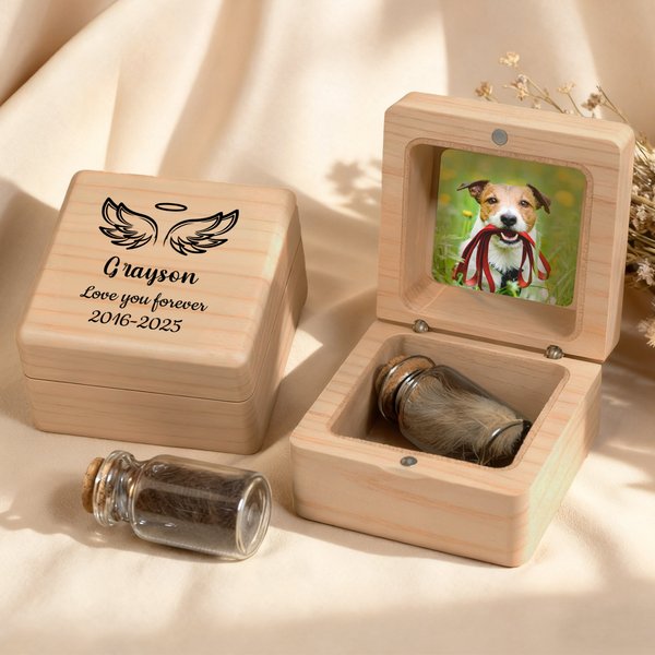 Personalized Angel Wings Photo Pet Fur Keepsake Bottle Wooden Magnetic Box Set with Name and Year Pet Loss Memorial Gift for Pet Owners
