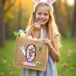 Personalized Easter Egg Initial Cute Bunny Jute Tote Bag with Name Easter Egg Hunting Easter Party Favors Gift for Kids