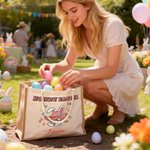 Personalized HOWDY EASTER Bunny Bow Large Capacity Jute Tote Bag with Name Egg Hunting Accessories Easter Gift for Kids