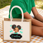 Henkilökohtainen keula söpö sarjakuva pieni tyttö suuri juutti laukku nimi syntymäpäivälahja musta tyttö