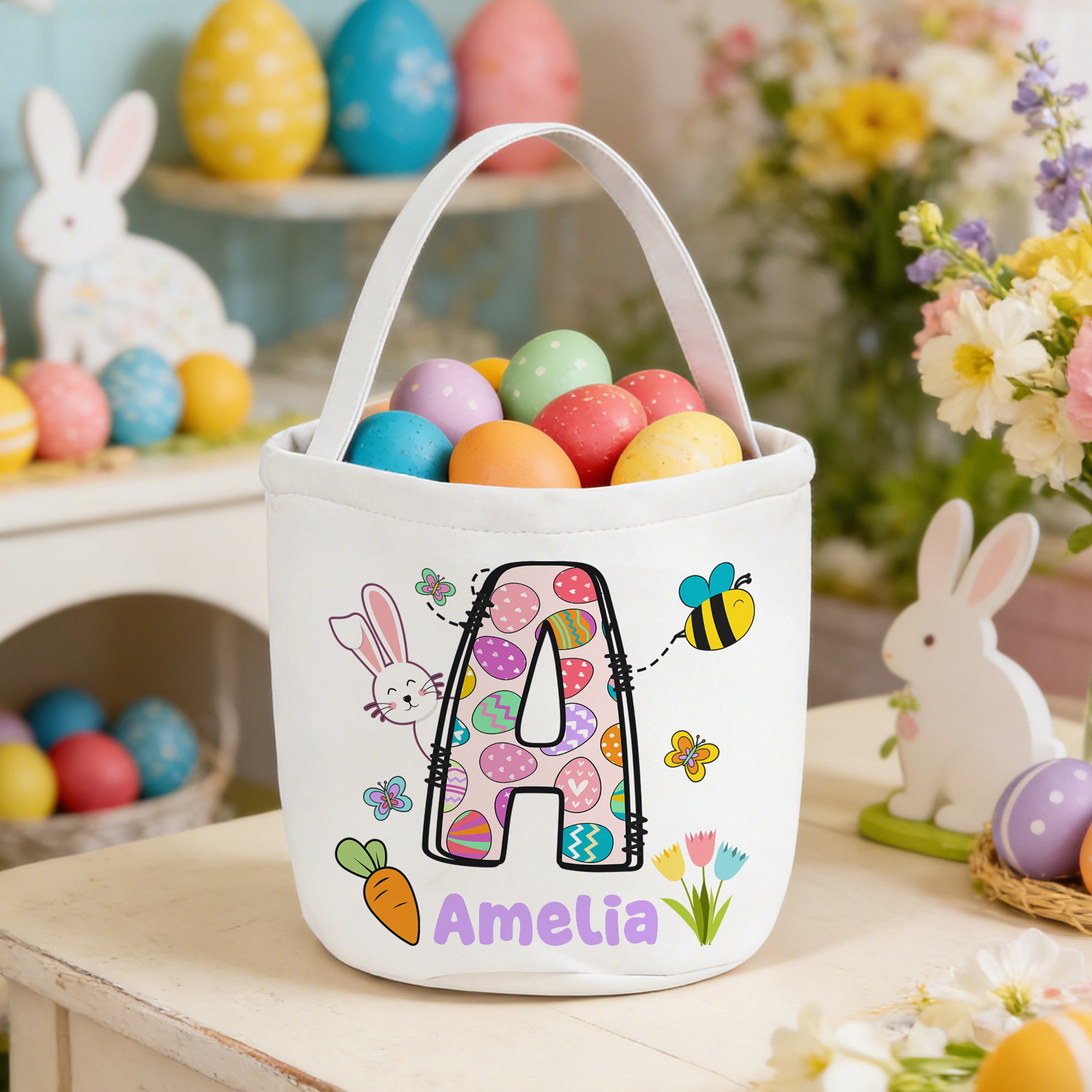 Panier de Pâques personnalisé avec nom Lapin de Pâques Initial en toile Accessoires de chasse aux oeufs Cadeau de Pâques pour enfants