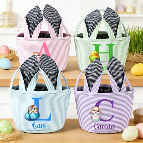 Personalised Multi-Colour Cute Animal Bunny Ears Easter Basket with Name and Initial Daily Use Holiday Party Easter Gift for Children