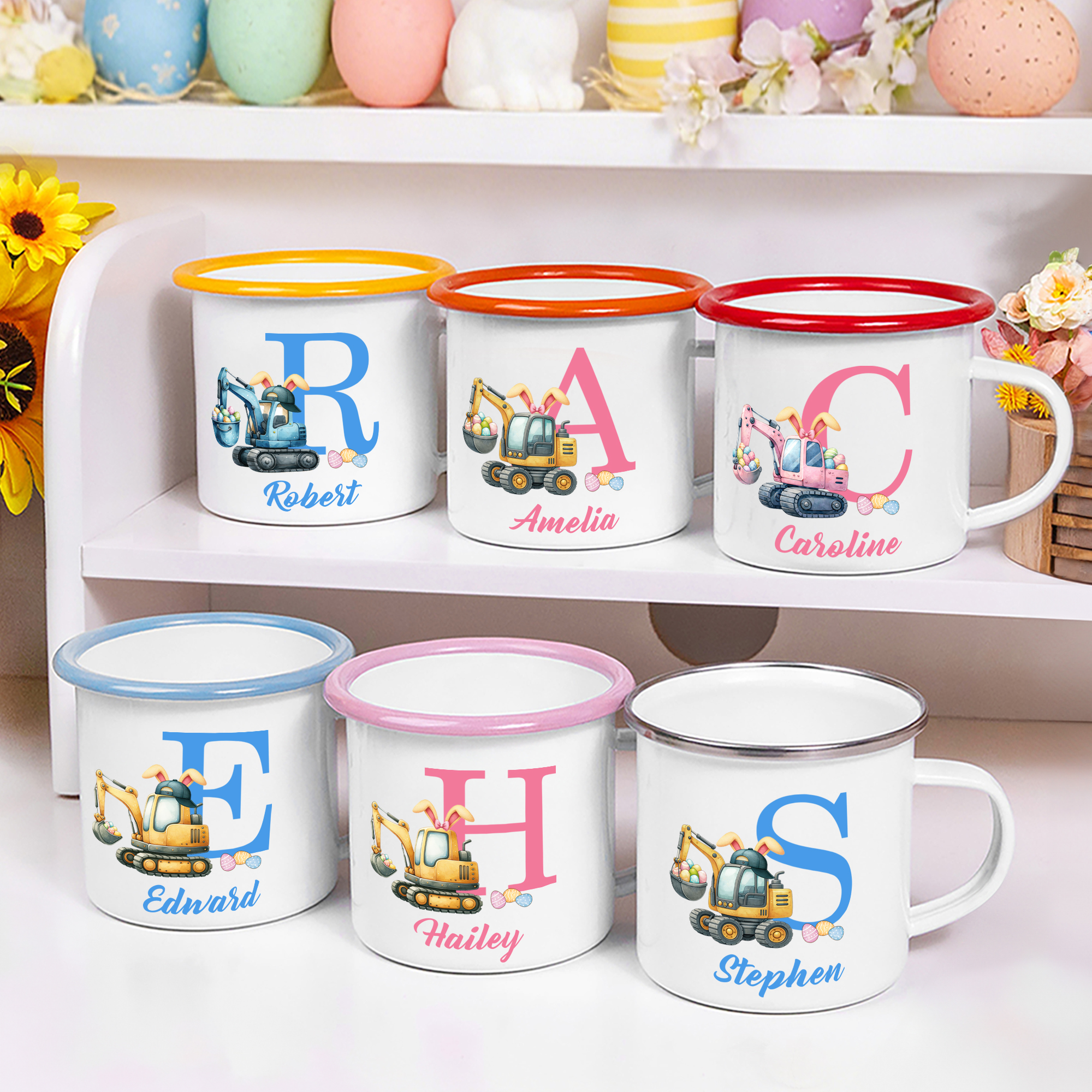 Tasse en émail 12 oz avec nom et initiales Usage quotidien Cadeau de Pâques pour garçons et filles