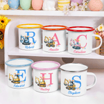 Personalized Cute Excavator Bunny Ears Easter Eggs 12 oz Enamel Mug with Name and Initial Daily Use Easter Party Gift for Boys Girls