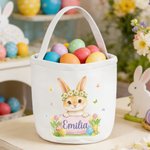 Personalized Wreath Bunny Highland Cow Animal Egg Canvas Basket with Name Daily Use Happy Easter Gift for Boys Girls