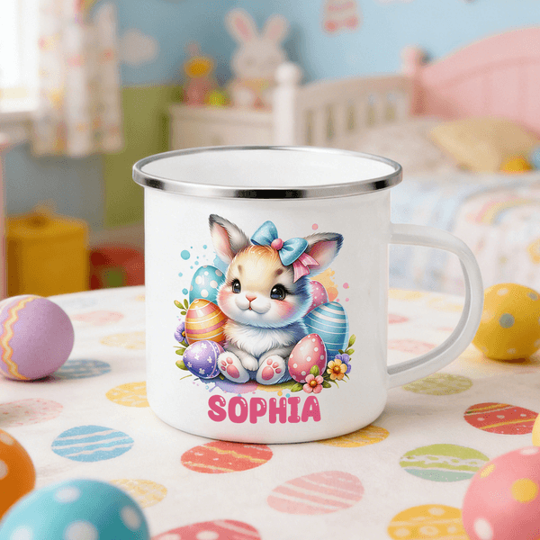 Personalisierte niedlichen Cartoon Bunny Osterei 12 oz Emaille Becher mit Namen täglichen Gebrauch Ostern Party Geschenk für Kinder Jungen Mädchen