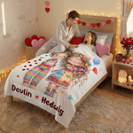 Personalized Love Heart Couple Cartoon Characters Soft Throw Blanket with Names Home Decor Valentine's Day Gift for Couple