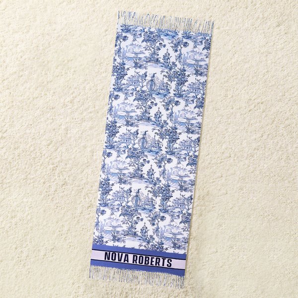 Personalized Toile De Jouy Floral Tassel Soft Warm Scarf with Initial and Name Winter Accessory Anniversary Birthday Gift for Women