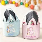 Personalized Cute Peter Rabbit Flower Butterfly Initial Bunny Ears Striped Easter Basket with Name Easter Eggs Hunting Party Favor Gift for Kids