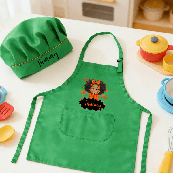 Personalized Cute Cartoon African Girl Adjustable Kid Apron Chef Hat Set with Pocket for Cooking Birthday Gift for Black Girl