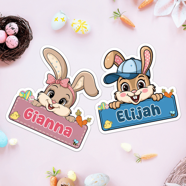 Gepersonaliseerde Schattige Boog Hoed Konijn Pasen Waterdichte Stickers Etiketten met Naam Gift Decoratie Paasdag partij Gunsten voor kinderen