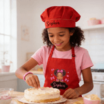 Personalized Cute Cartoon African Girl Adjustable Kid Apron Chef Hat Set with Pocket for Cooking Birthday Gift for Black Girl