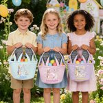 Personalized Cute Peter Rabbit Flower Butterfly Initial Bunny Ears Striped Easter Basket with Name Easter Eggs Hunting Party Favor Gift for Kids