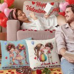 Personalized Cute Cartoon Couple Multicolour Throw Pillow Cover with Name Home Decor Valentine's Day Anniversary Gift for Couples