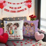 Personalized Cute Cartoon Couple Multicolour Throw Pillow Cover with Name Home Decor Valentine's Day Anniversary Gift for Couples