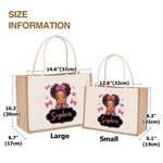 Henkilökohtainen keula söpö sarjakuva pieni tyttö suuri juutti laukku nimi syntymäpäivälahja musta tyttö