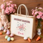 Personalized HOWDY EASTER Bunny Bow Large Capacity Jute Tote Bag with Name Egg Hunting Accessories Easter Gift for Kids