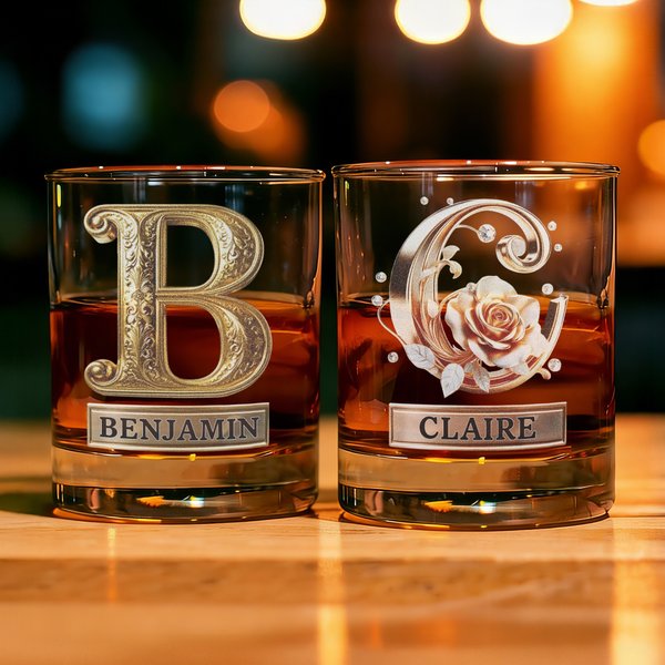 Personalised Flower Alphabet 10 oz Old Fashioned Rock Whiskey Glass with Name Valentine's Day Anniversary Gifts for Couple Wine Lovers