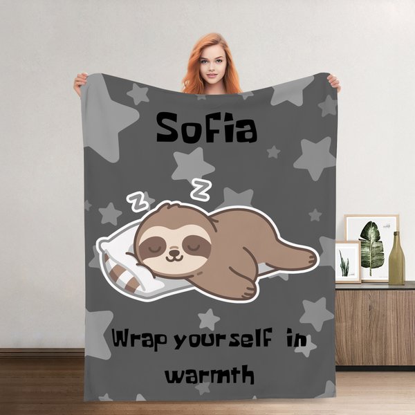 Personalised Multicolour Cute Sloth Design Soft Throw Blanket with Name and Text Mother's Day Birthday Christmas Gift for Kid Her