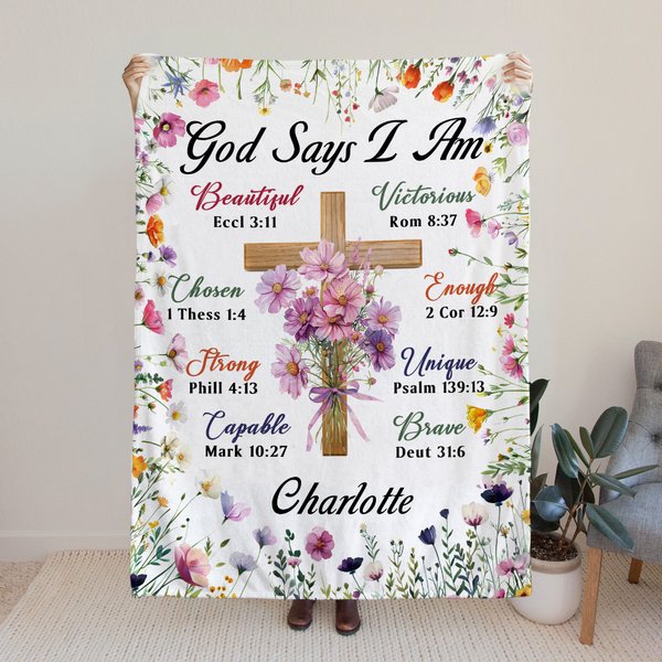 Personalized Birth Flower God Says I Am Bible Soft Throw Blanket with Name Birthday Baptism Gift for Christians Family Friends