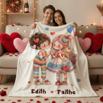 Personalized Love Heart Couple Cartoon Characters Soft Throw Blanket with Names Home Decor Valentine's Day Gift for Couple