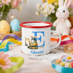 Personalized Cute Excavator Bunny Ears Easter Eggs 12 oz Enamel Mug with Name and Initial Daily Use Easter Party Gift for Boys Girls