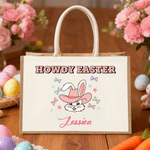 Personalized HOWDY EASTER Bunny Bow Large Capacity Jute Tote Bag with Name Egg Hunting Accessories Easter Gift for Kids