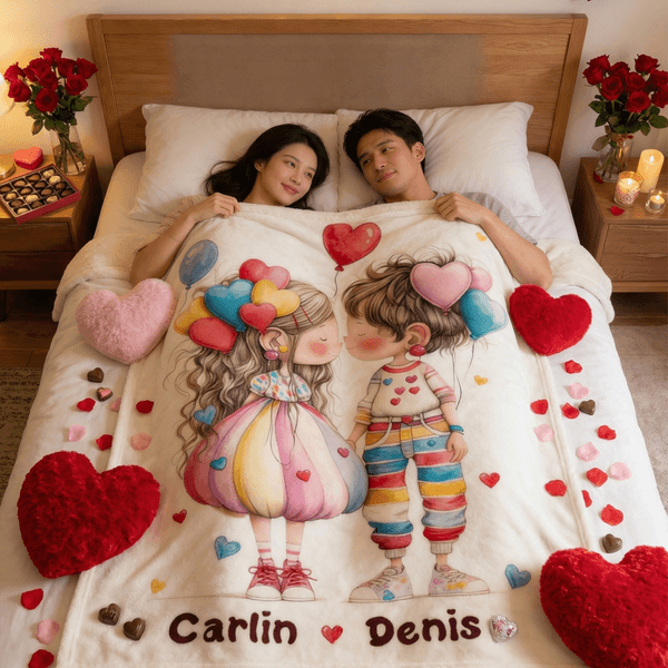 Personalised Love Heart Couple Cartoon Characters Soft Throw Blanket with Names Home Decor Valentine's Day Gift for Couple