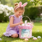Personalizado lindo flor conejo mariposa Plaid cesta de Pascua con el nombre de Pascua Huevos de Caza Fiesta de Regalo para Niños Niñas