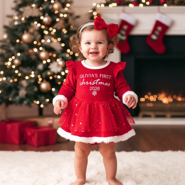 Personalised Baby Girl Red Tutu Dress Bow Headband Outfit with Name and Year Holiday Party Outfit Christmas Gift for Baby Girls