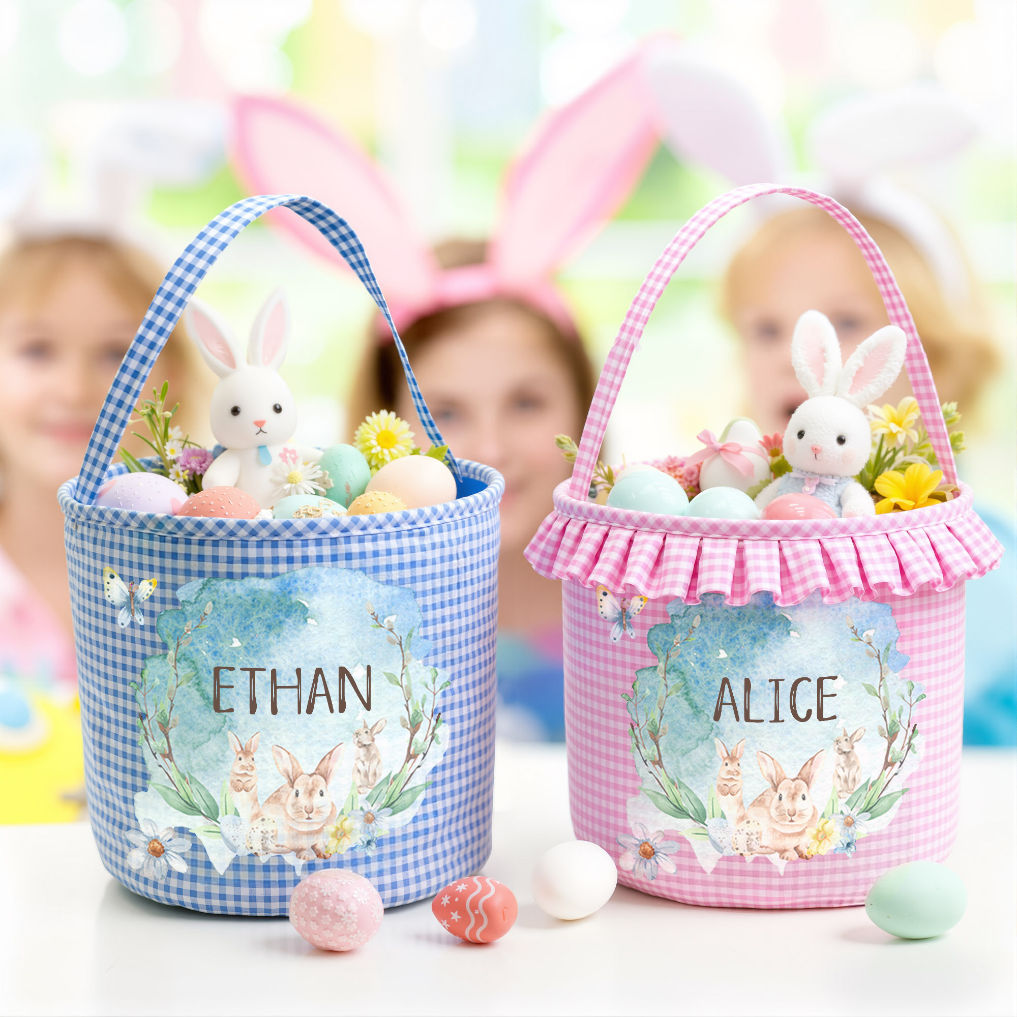 Panier de Pâques personnalisé avec nom, fleurs, lapins, papillons, oeufs de Pâques, cadeaux de fête pour garçons et filles.
