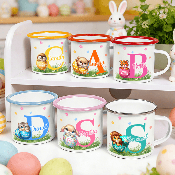 Taza esmaltada con nombre e inicial Huevo de Pascua Multicolor Personalizado para Niños Niñas