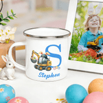Personalized Cute Excavator Bunny Ears Easter Eggs 12 oz Enamel Mug with Name and Initial Daily Use Easter Party Gift for Boys Girls