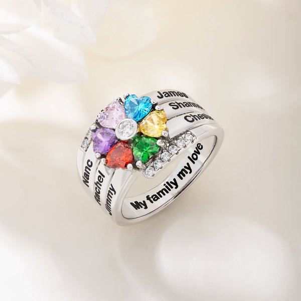 Personalizado Corazón Surtido 1-8 Piedras de Nacimiento Anillo de Plata de Ley con Nombre y Texto Grabado Día de la Madre Cumpleaños Día de San Valentín Regalo para Mujer