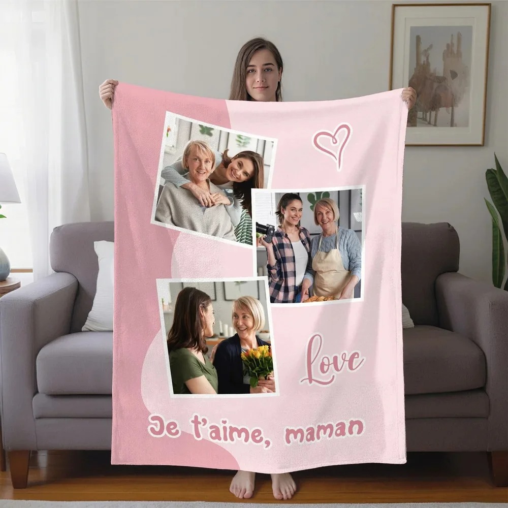 Couverture Personnalisée avec 3 à 9 Photos et Texte Décoration Intérieure Cadeau Noël Anniversaire pour Famille et Amis