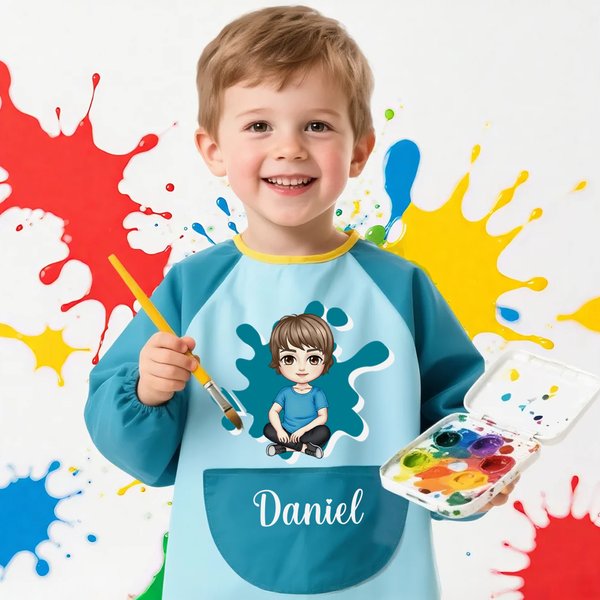 Personalized Cute Cartoon Character Waterproof Long Sleeve Kid Apron with Name Cooking Painting Handcraft Activities Birthday Gift for Kids